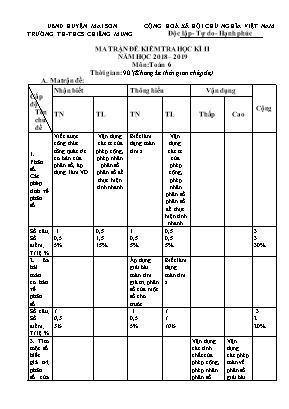 Ma trận và Đề kiểm tra học kỳ II môn Toán Lớp 6 - Năm học 2018-2019 - Trường TH và THCS Chiềng Mung